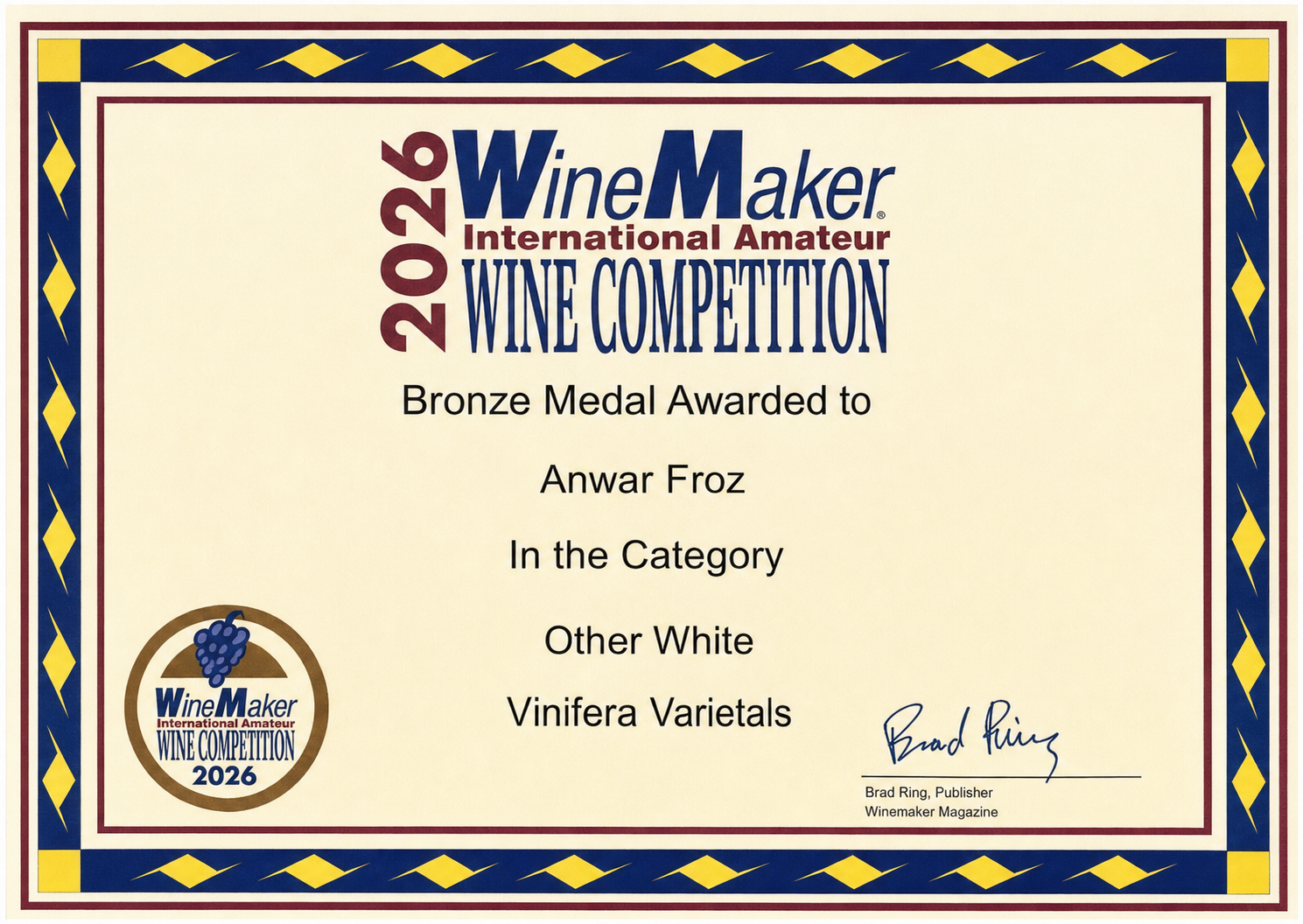 2026 Bronze Medal certificate for Other White Vinifera Varietals