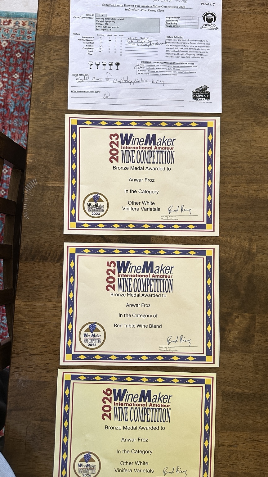 Selected Shenaky Winery award certificates