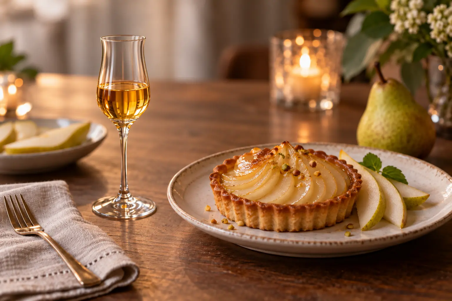 Tarte Bourdaloue avec Riesling Ice Wine dans un petit verre à vin de dessert