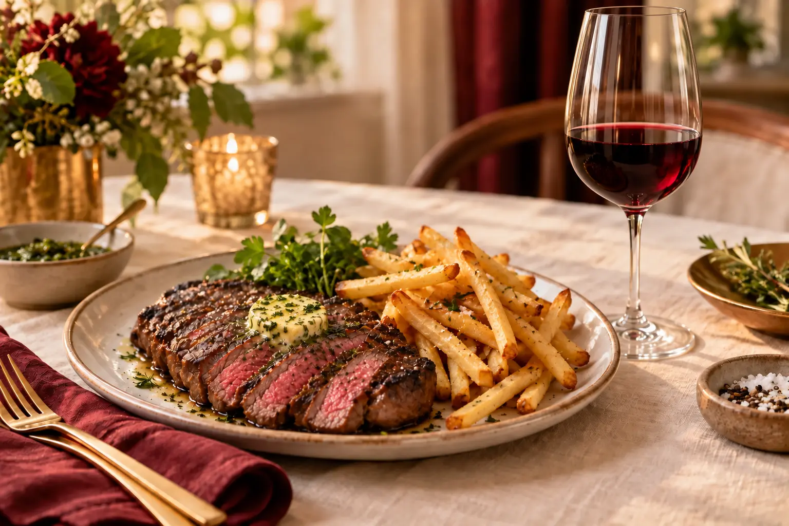 Steak-frites avec le Red Blend dans un grand verre à Bordeaux