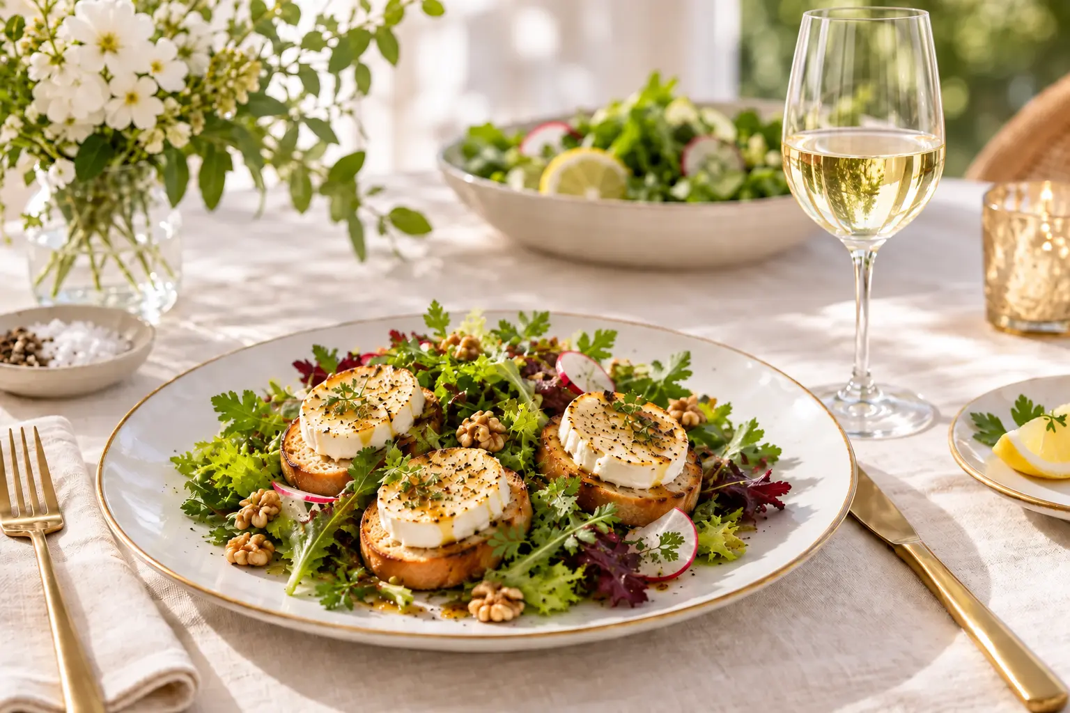 Salade de chèvre chaud avec Sauvignon Blanc dans un verre étroit à vin blanc