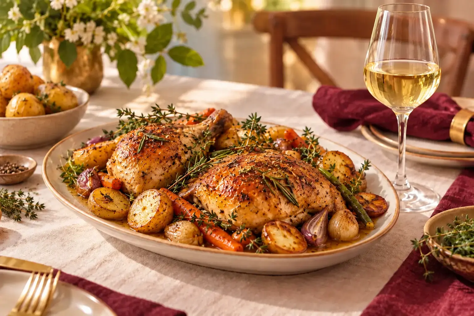 Poulet rôti aux herbes de Provence avec Symphony dans un verre aromatique